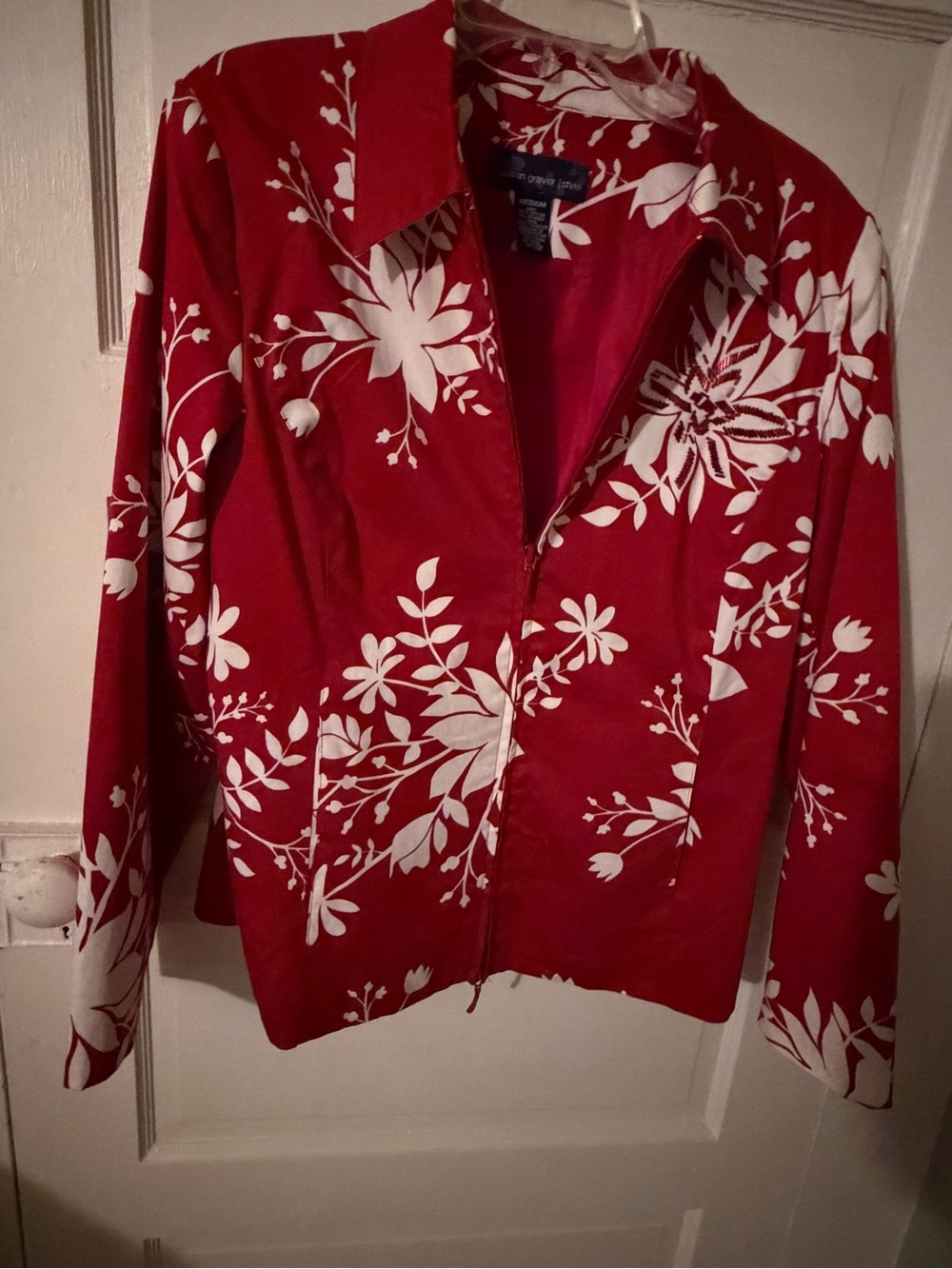 Classic Red Floral Zip-Front Jacket